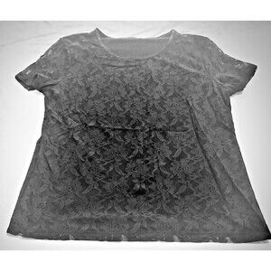 Vtg 90s Black Floral Lace Front T-Shirt | Slinky Mesh Overlay Top M